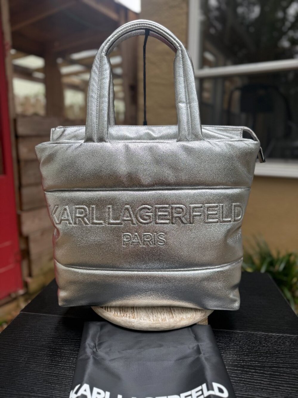 Karl Lagerfeld Paris Voyage Tote Shoulder Bag Silver Puffy Large Weekender New